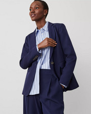 NEW ANN TAYLOR 98 NAVY TEXTURED DRAPE LONG ONE BUTTON NOTCHED BLAZER SZ 6P