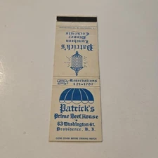 Patrick's Prime Beef House Providence Rhode Island Matchbook Cover (4