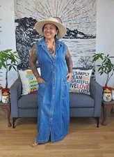 Vintage 90’s Bill Blass Collared Sleeveless Denim Maxie Dress Button Down Sz L