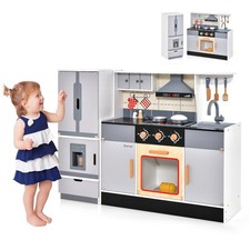 Kids Wooden Pretend Play Kitchen Toddlers Toy with Refrigerator Accessories