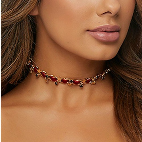Star Charm Choker Red Velvet Gold Chain 