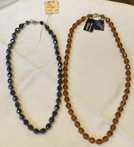 2-Vintage-CAPRI-Czech-Bohemian-Glass-Faceted-Bead-Necklaces-Amber-amp-Hematite