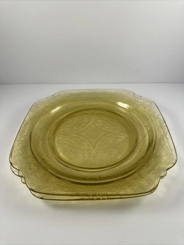 2 Vintage Depression Federal Glass Madrid Luncheon Plates Yellow Amber Square 9"