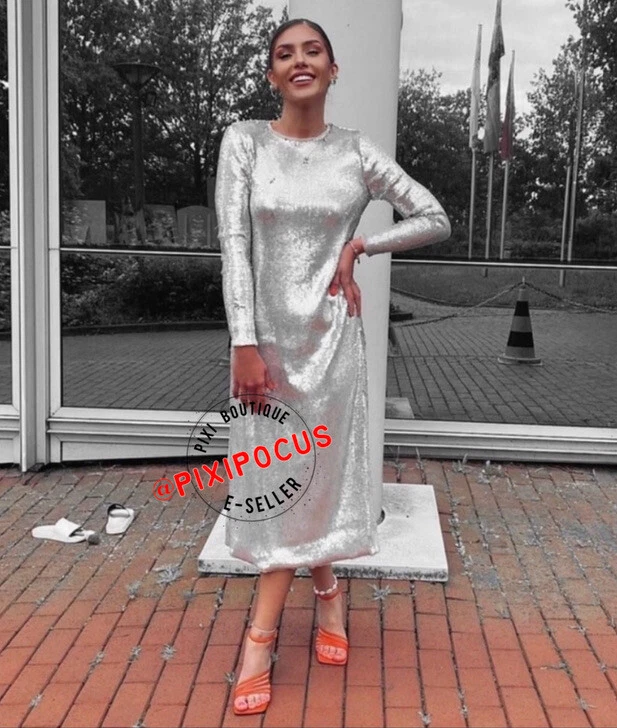 ZARA NEW LONG SEQUIN KNIT DRESS SILVER S M L 6096 100