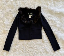 Tae Park Bare Shoulder Cardigan Sweater Fur Trim Navy Blue Small