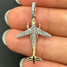 0.33CTW Natural Diamond 10K Gold Airplane Pendant 1.4"