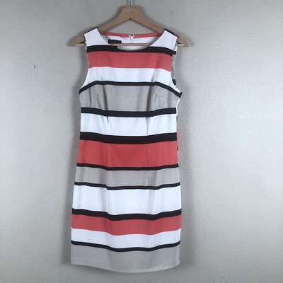 Alyx Dress Womens 8 White Tan Coral Striped Knee Length Shift Straight Zip Close