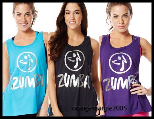 ZUMBA Love Me Loose Me TANK TOP w Shoulder Slit-METALLICS-Silver-Convention S M  - Picture 1 of 11
