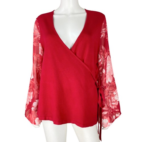 INC International Concepts Knit Wrap Top 1X Floral Contrast Sleeve Red