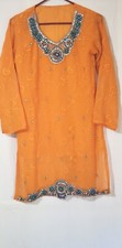 Blouse Tunic Dress Orange multi color accent long sleeve lined excellent