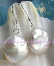Natural 12-13mm White Baroque Cultured Coin Pearl 925 Silver Dangle Earrings