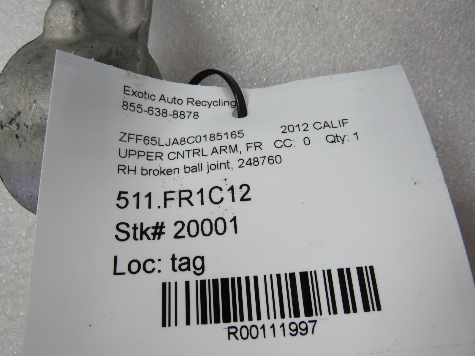 Ferrari California, RH, Right Upper Control Arm, Damaged, Used, P/N 248760