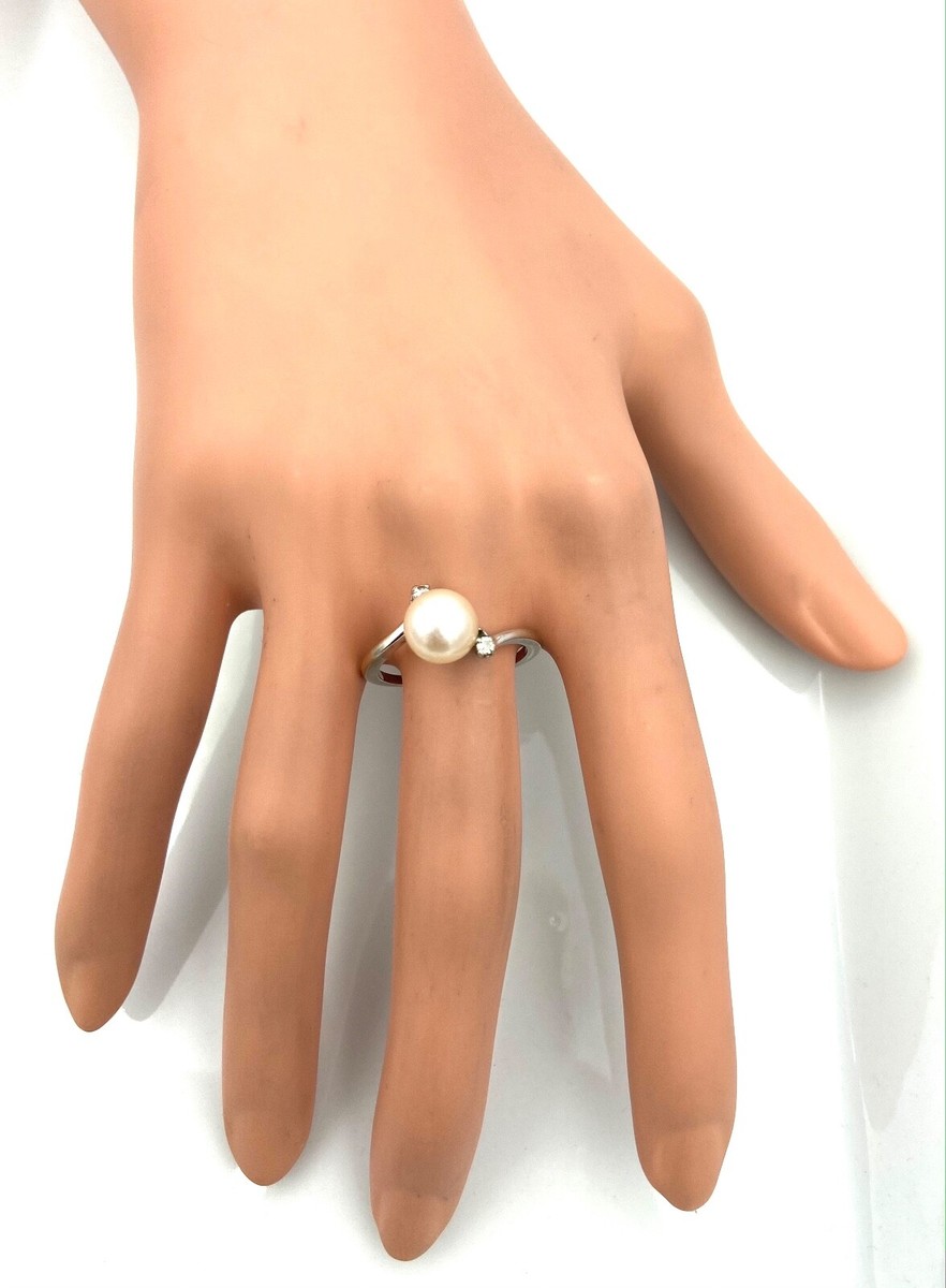 Bague Cocktail En Or 18 Carats Blanc Avec Perle Et Diamants (0,08 Ct) - 3,85 G, Occasion
