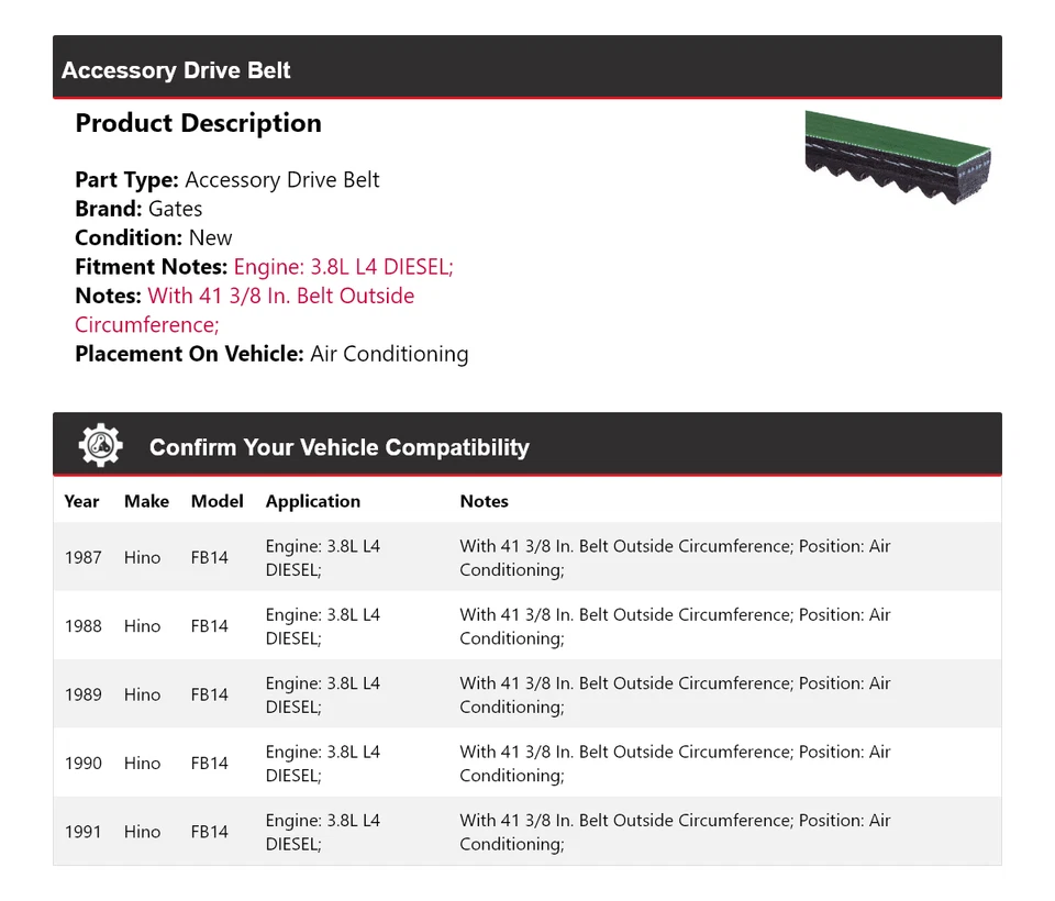 Correa de transmisión diésel Hino FB14 1987-1991 3,8 L L4 puertas de aire acondicionado 1988 Foto 2 de 4