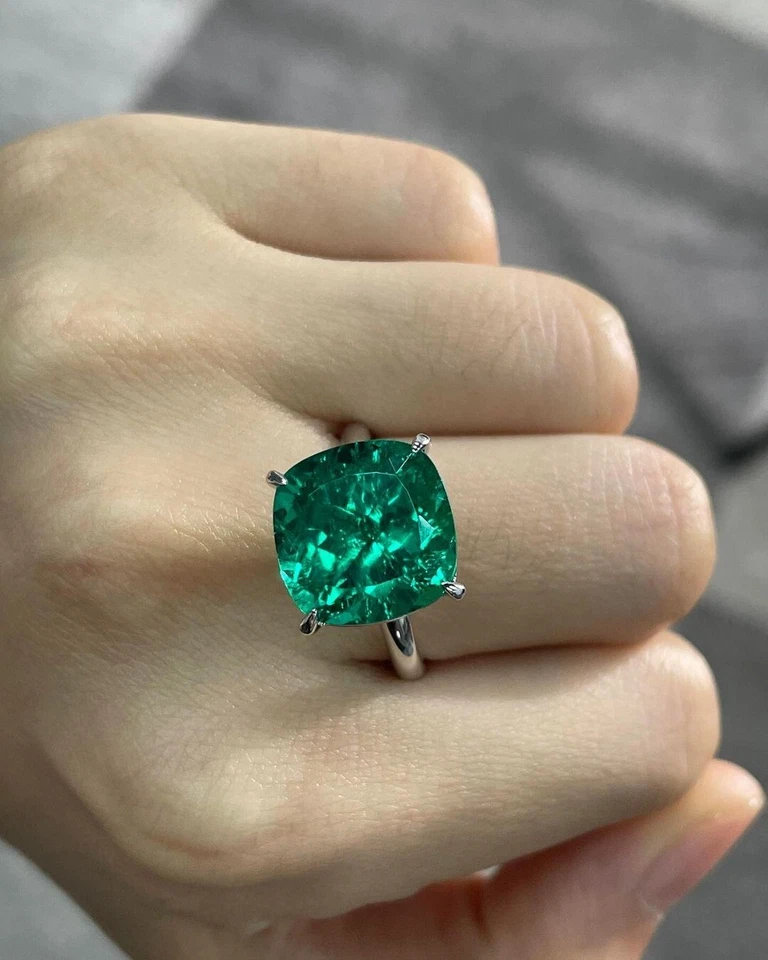 Anillo de boda de diamantes esmeraldas naturales con cojín de 4,80 quilates platino 950 talla 5 6 7 8 Foto 2 de 4