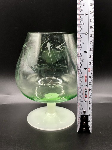 Vintage Green & White Opaline Glass Etched Wheat Design Footed Brandy Snifter - Picture 8 of 12