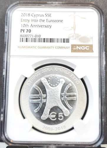 2018 CYPRUS SILVER 5 EURO ENTRY INTO THE EUROZONE NGC PF 70 RARE STUNNING DESIGN