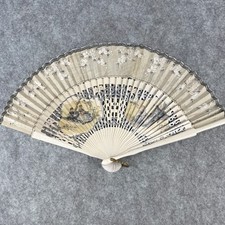 Antique Victorian Hand Painted Fan Celluloid Wood And Linen