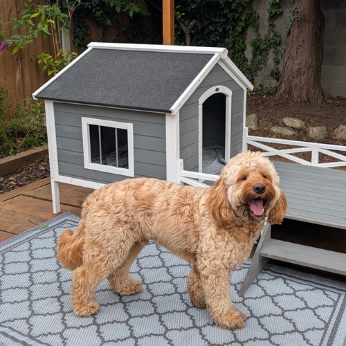 PawHut Wooden Dog House w/ Porch, Water-resistant Roof, for S M Dogs, Grey - Picture 8 of 11