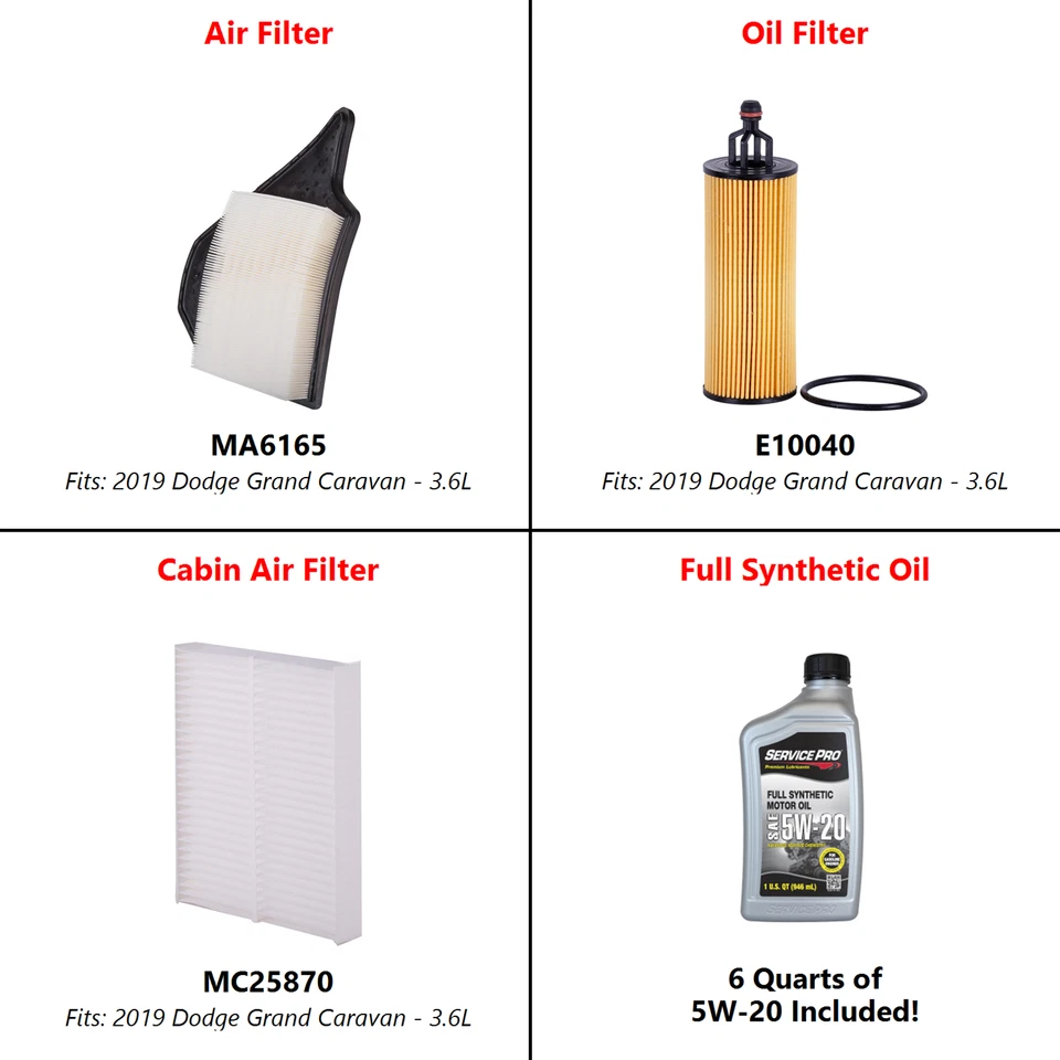 2019 Dodge Grand Caravan 3.6L Complete Air, Oil & Cabin Filter Kit (5W-20) Foto 2 de 4