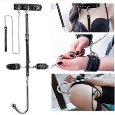 BDSM Anal Hook and Handcuffs with Leather Strap to Neck Collar with Pull Chain