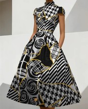 Light Luxury Socialite Style Patchwork Printed Stand Collar Waist-cinching Dress