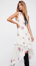 Free People BIRDIE Ivory Floral Purple Flower High-low Midi Summer Dress    AA19