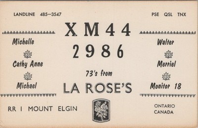 QSL Michelle Cathy Anne Michael Walter Merriel La Rose 1970s Mount Elgin Ontario