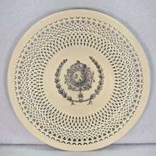 Vtg Hand Painted Metal Plate Lattice Rim Blue Medallion on Ivory Cottage Core