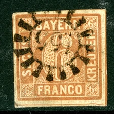 Germany States 1849 Bavaria 6 Kr Brown Scott #3 VFU H707
