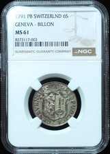 1791 PB 6 Sols Switzerland MS61 NGC - Stunning Original Coin!