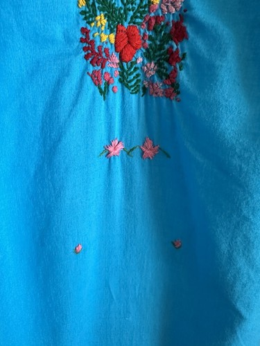 1970s Turquoise Cotton Oaxacan Mexican Huipil Dress Embroidered Floral Maxi VTG - Picture 5 of 24