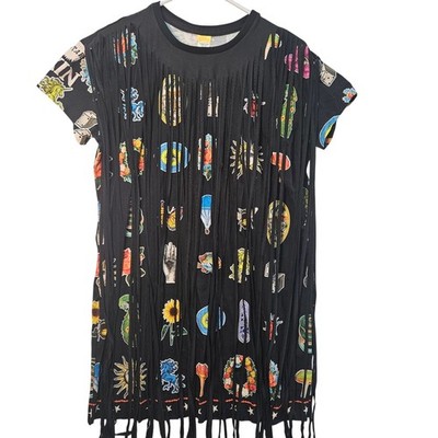 Agua Bendita Black Evelyn T-shirt Dress with Fringe Medium Boho Retro RARE NWT
