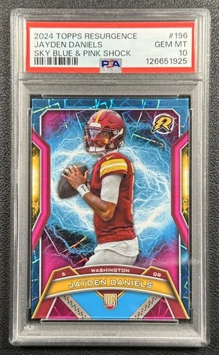 JAYDEN DANIELS PSA 10 2024 TOPPS RESURGENCE #196 ROOKIE SKY BLUE AND PINK SHOCK