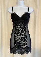 Fredericks Of Hollywood BLACK LACE Slip Babydoll Nightie Sz M Underwire Push Up