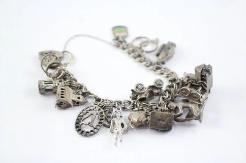 Mixed Grade Silver Vintage Charm Bracelet Ornate Articulated Church Rings (55g)