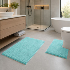 2 Piece Set Spa Blue Soft Cozy Plush Chenille Bath Mat Bathroom Rug
