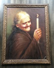 Pintura al óleo sobre lienzo vintage de Héctor Moncayo vela marco de madera