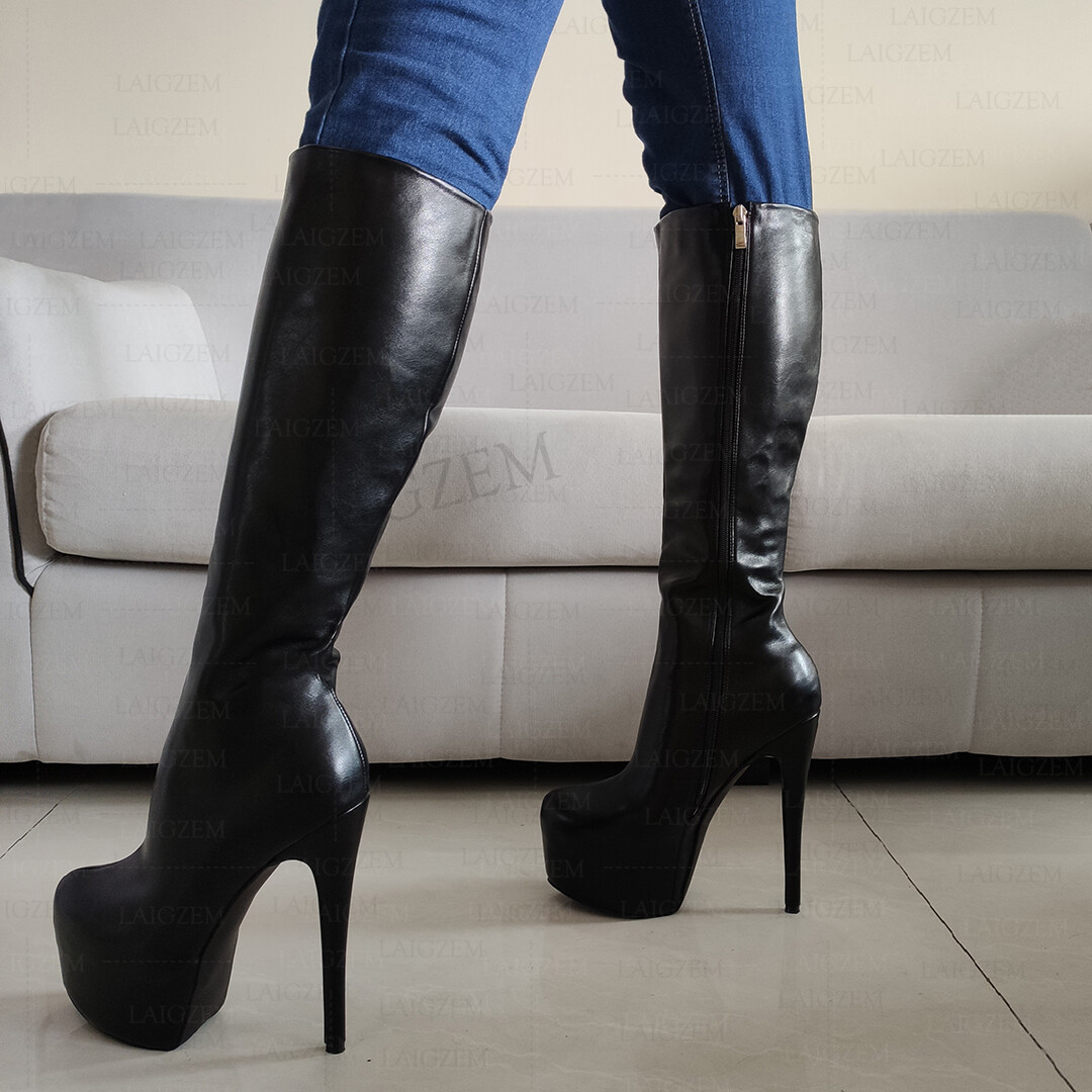 Women Knee High Platform Boots Full Zip Up Thin High Heels Tall Boots ...