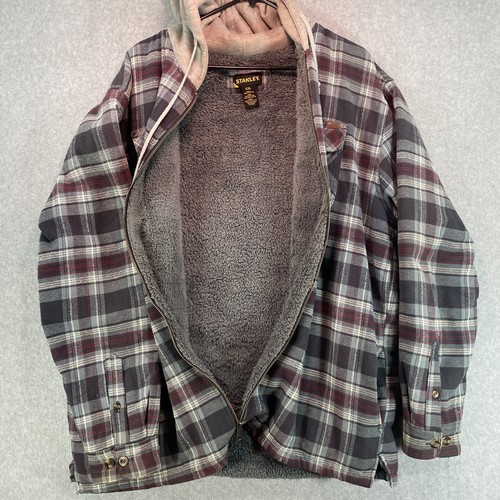Stanley Flannel Jacket Mens XXL Gray Black White Sherpa Plaid Hooded Shacket Zip - Picture 7 of 12