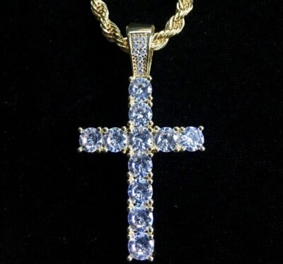 Cross Pendant Charm Real 18K Gold Lab Diamond Rope Chain ITALY LIFETIME WARRANTY