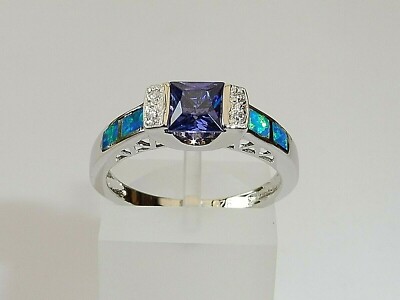 Damenring 925 massiv Silber Princess Cut Tansanit Solitär mit Opal Akzenten
