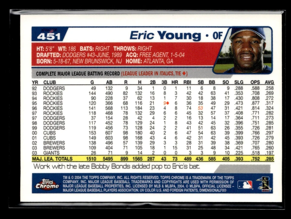 2004 Topps Chrome Red Xfractor #451 Eric Young Rangers SP - Image 2 of 2