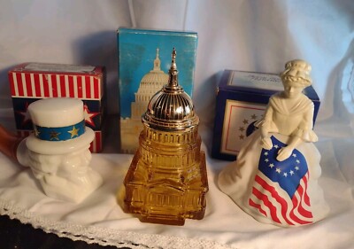 Lot 1970s Patriotic  Decanters UncleSam Milk Glass Pipe  Besty Ross Capital Avon