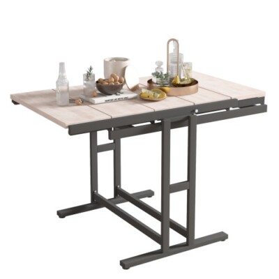 Fold-Out Multifunction  Wooden Table, Convertible Dining Table, Storage Shelves