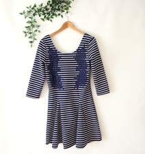 Free People Blue Beige Striped 3/4 Sleeve Fit & Flare Crochet Trim Dress Size M