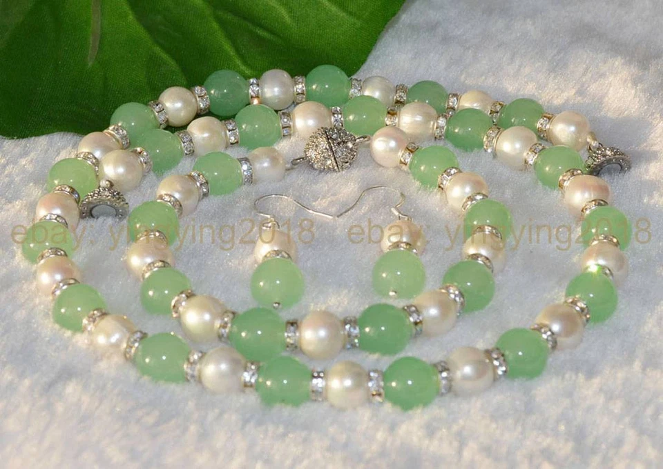 9-10mm Genuine White Cultured Pearl Natural Green Jade Necklace Bracelet Earring - Image 3 of 4