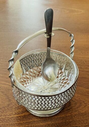 Vintage Arcoroc Glass Sugar/Jam Bowl w Silver Plated Footed Holder - Picture 1 of 15