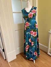 Vtg 60s Hukilau Fashions Hawaiian Barkcloth Maxi Dress 10 Hibiscus Pink Blue S M