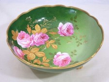 AK Limoges Antique Pink Rosel Gold Leaf Hand Painted Signed Footed Bowl 579